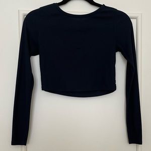 Topshop Crop Top Navy Blue Long Sleeve Ribbed Size 2 Basic Essential